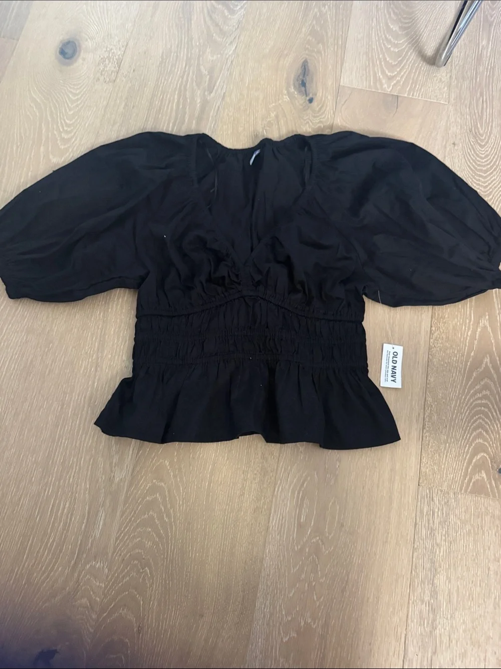 Old Navy Black Smocked Peplum Puff-Sleeve Blouse